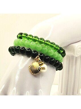 Green Coastal Bracelet Stack, Shell Charm Bracelet, Beachy Layered Jewelry,
